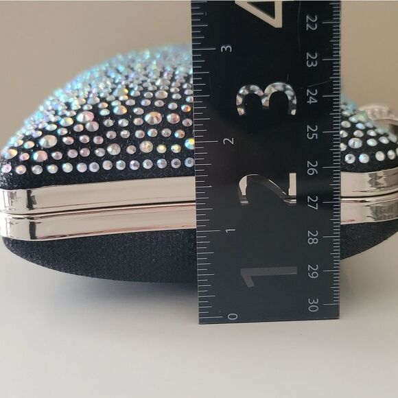 Black Clutch Bag Crystal Aurora Borealis Sparkle Silvertone Strap #551 - Picture 16 of 16